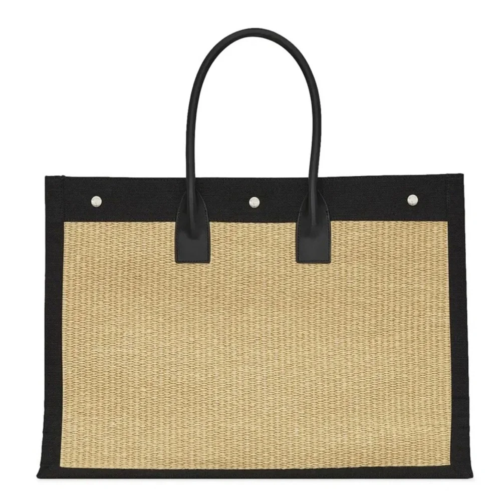 SAINT LAURENT Rive Gauche logo embroidered raffia and leather tote bag - Picture 3 of 4